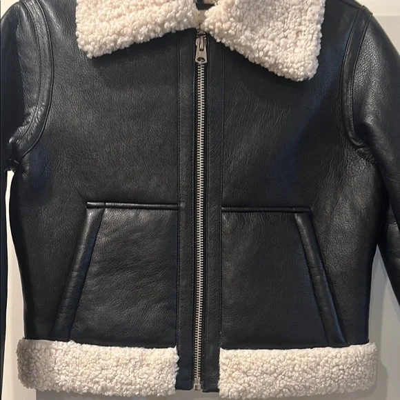 Abercrombie & Fitch Black and Cream Leather Jacket with Shearling Trim - Picture 3 of 5